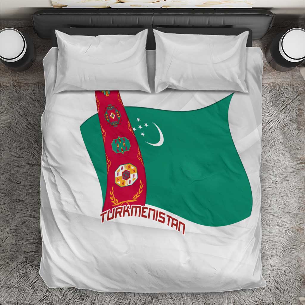 Turkmenistan Flag Bedding Set with National Emblem and Carpet Stripe Design