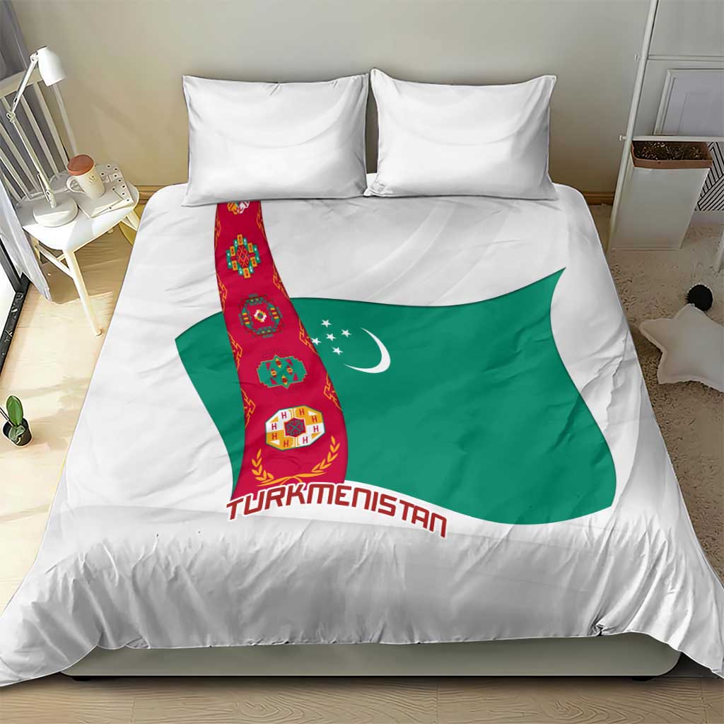 Turkmenistan Flag Bedding Set with National Emblem and Carpet Stripe Design