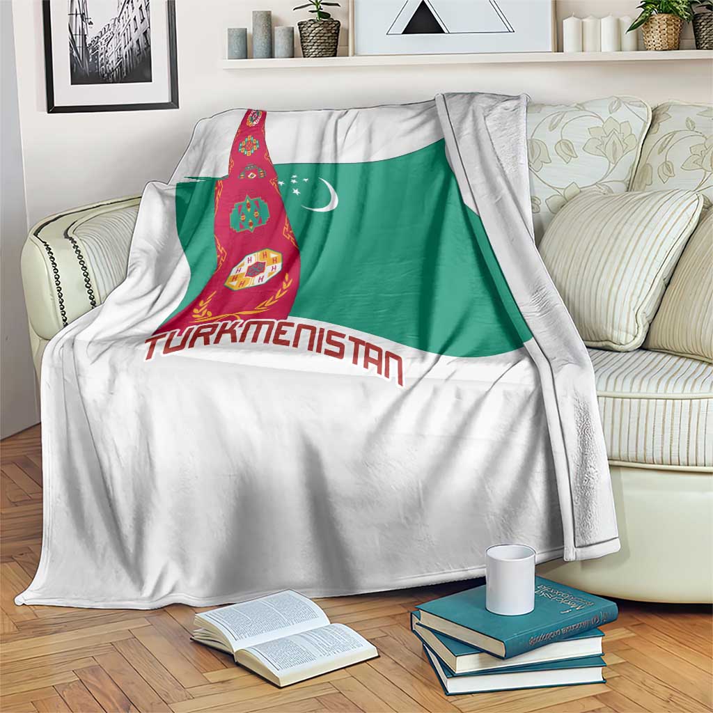 Turkmenistan Flag Blanket with National Emblem and Carpet Stripe Design