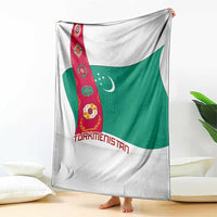 Turkmenistan Flag Blanket with National Emblem and Carpet Stripe Design