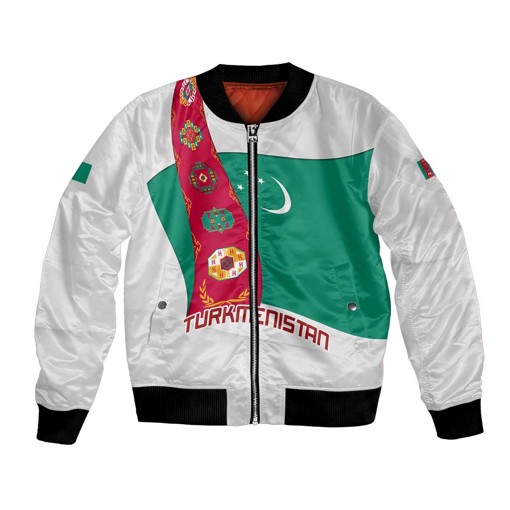 Turkmenistan Flag Bomber Jacket with National Emblem and Carpet Stripe Design