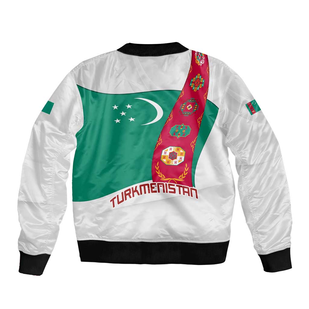Turkmenistan Flag Bomber Jacket with National Emblem and Carpet Stripe Design