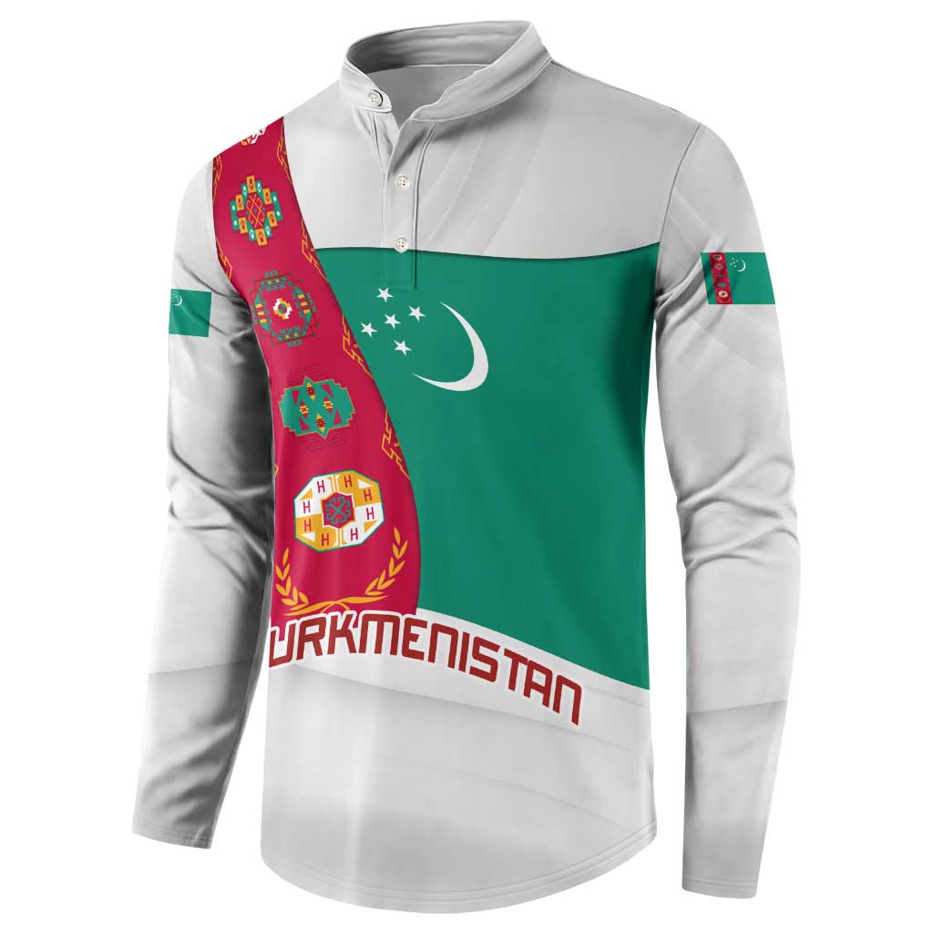 Turkmenistan Flag Button Sweatshirt with National Emblem and Carpet Stripe Design