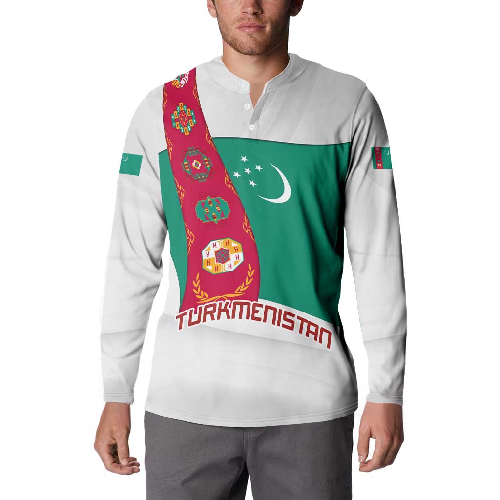 Turkmenistan Flag Button Sweatshirt with National Emblem and Carpet Stripe Design