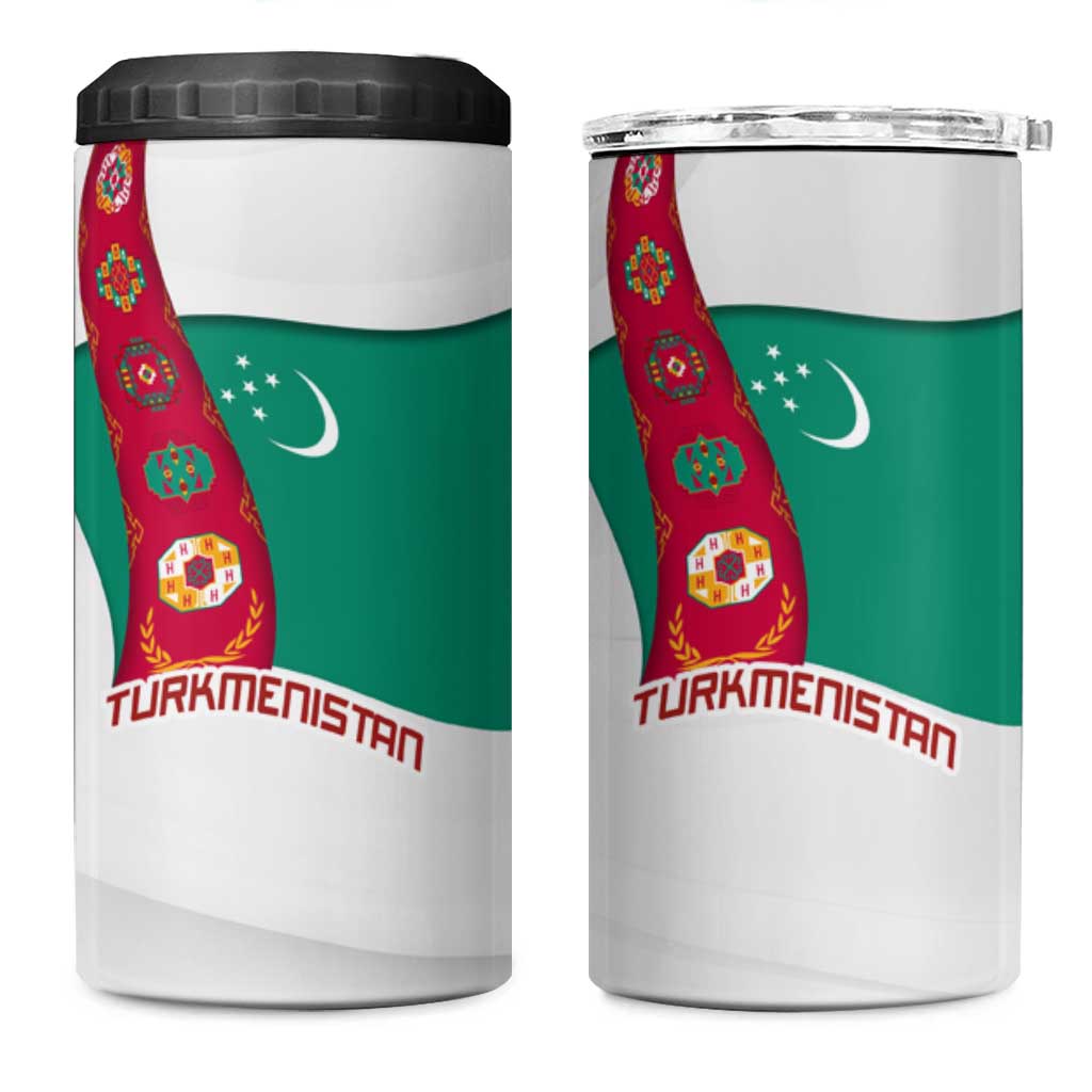 Turkmenistan Flag 4 in 1 Can Cooler Tumbler with National Emblem and Carpet Stripe Design