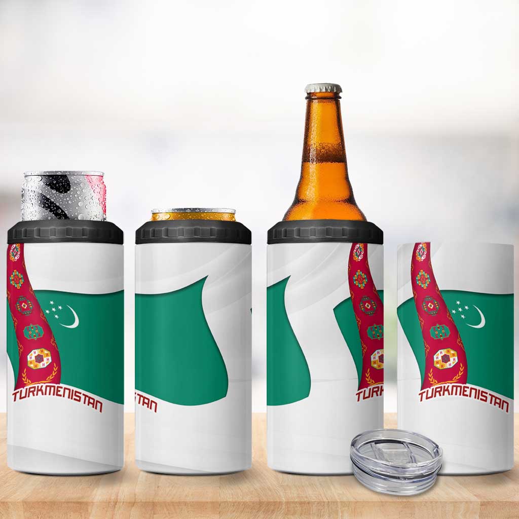 Turkmenistan Flag 4 in 1 Can Cooler Tumbler with National Emblem and Carpet Stripe Design