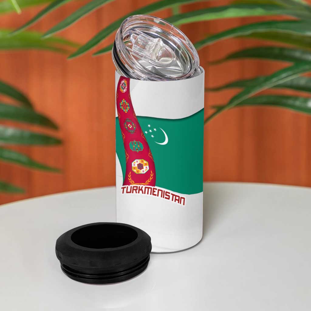 Turkmenistan Flag 4 in 1 Can Cooler Tumbler with National Emblem and Carpet Stripe Design