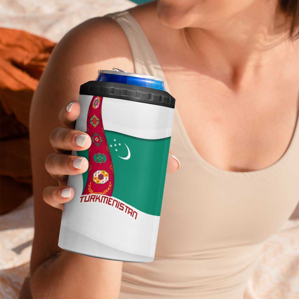 Turkmenistan Flag 4 in 1 Can Cooler Tumbler with National Emblem and Carpet Stripe Design