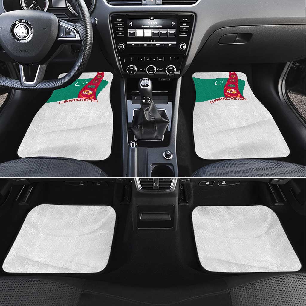 Turkmenistan Flag Car Mats with National Emblem and Carpet Stripe Design