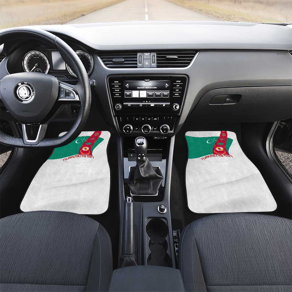 Turkmenistan Flag Car Mats with National Emblem and Carpet Stripe Design