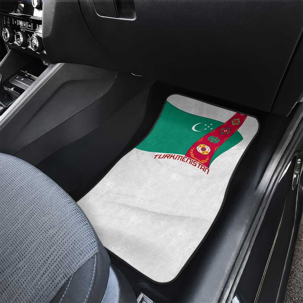 Turkmenistan Flag Car Mats with National Emblem and Carpet Stripe Design