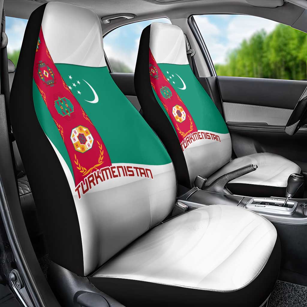 Turkmenistan Flag Car Seat Cover with National Emblem and Carpet Stripe Design