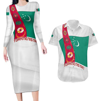 Turkmenistan Flag Couples Matching Long Sleeve Bodycon Dress and Hawaiian Shirt with National Emblem and Carpet Stripe Design