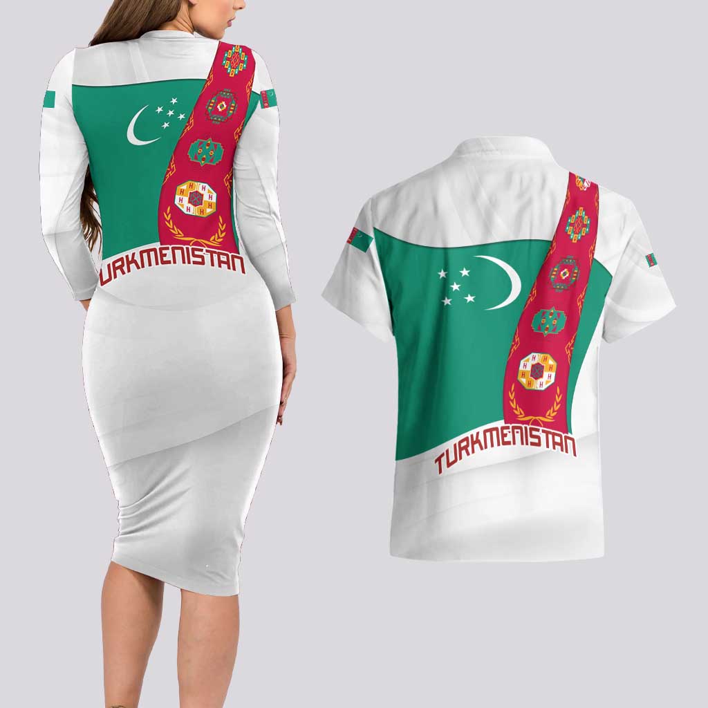 Turkmenistan Flag Couples Matching Long Sleeve Bodycon Dress and Hawaiian Shirt with National Emblem and Carpet Stripe Design