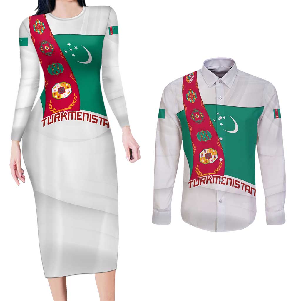 Turkmenistan Flag Couples Matching Long Sleeve Bodycon Dress and Long Sleeve Button Shirt with National Emblem and Carpet Stripe Design