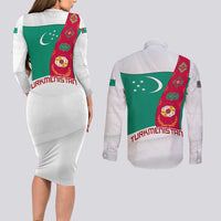 Turkmenistan Flag Couples Matching Long Sleeve Bodycon Dress and Long Sleeve Button Shirt with National Emblem and Carpet Stripe Design