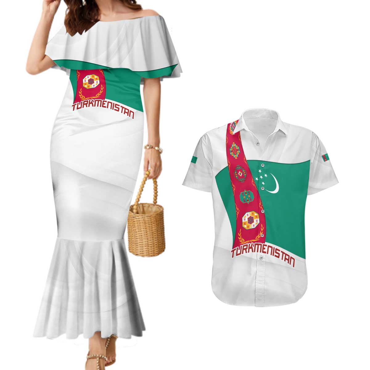 Turkmenistan Flag Couples Matching Mermaid Dress and Hawaiian Shirt with National Emblem and Carpet Stripe Design