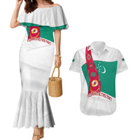 Turkmenistan Flag Couples Matching Mermaid Dress and Hawaiian Shirt with National Emblem and Carpet Stripe Design