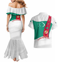 Turkmenistan Flag Couples Matching Mermaid Dress and Hawaiian Shirt with National Emblem and Carpet Stripe Design