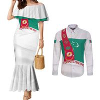 Turkmenistan Flag Couples Matching Mermaid Dress and Long Sleeve Button Shirt with National Emblem and Carpet Stripe Design