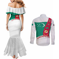 Turkmenistan Flag Couples Matching Mermaid Dress and Long Sleeve Button Shirt with National Emblem and Carpet Stripe Design