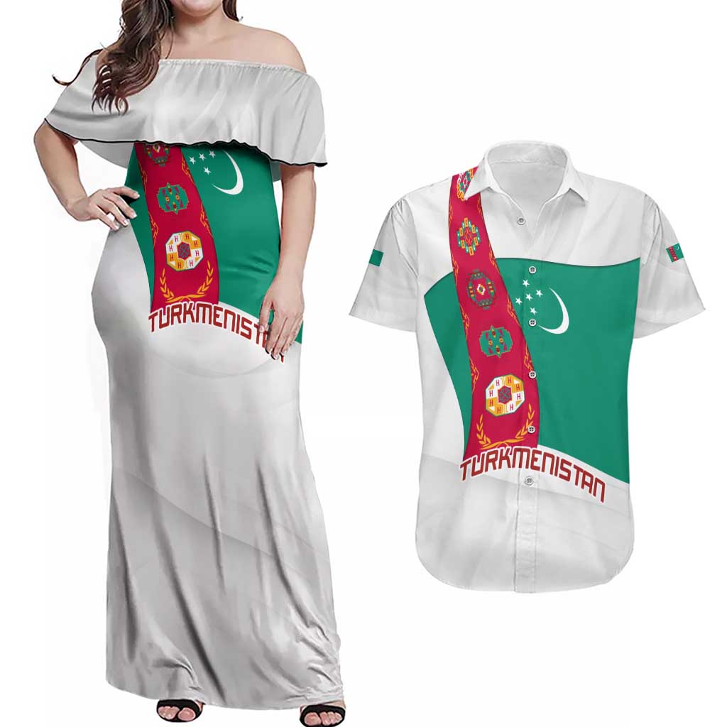 Turkmenistan Flag Couples Matching Off Shoulder Maxi Dress and Hawaiian Shirt with National Emblem and Carpet Stripe Design