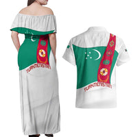 Turkmenistan Flag Couples Matching Off Shoulder Maxi Dress and Hawaiian Shirt with National Emblem and Carpet Stripe Design