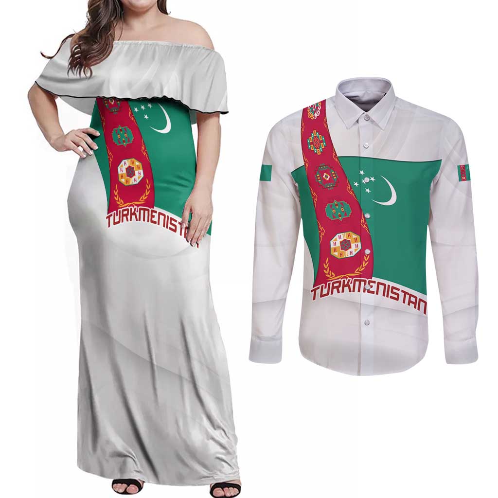 Turkmenistan Flag Couples Matching Off Shoulder Maxi Dress and Long Sleeve Button Shirt with National Emblem and Carpet Stripe Design