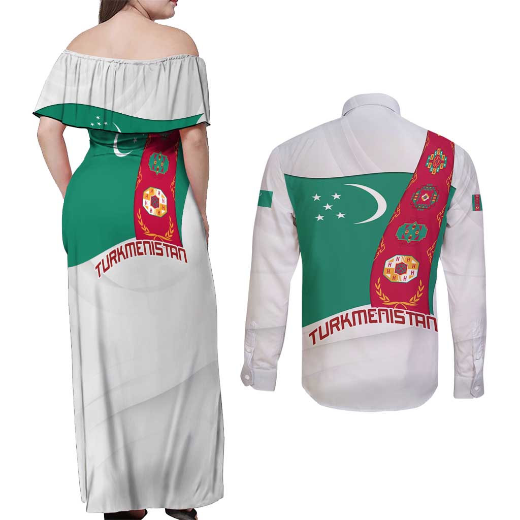 Turkmenistan Flag Couples Matching Off Shoulder Maxi Dress and Long Sleeve Button Shirt with National Emblem and Carpet Stripe Design
