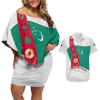 Turkmenistan Flag Couples Matching Off Shoulder Short Dress and Hawaiian Shirt with National Emblem and Carpet Stripe Design