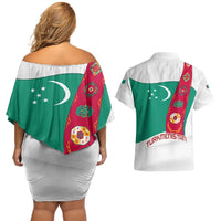 Turkmenistan Flag Couples Matching Off Shoulder Short Dress and Hawaiian Shirt with National Emblem and Carpet Stripe Design