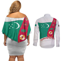 Turkmenistan Flag Couples Matching Off Shoulder Short Dress and Long Sleeve Button Shirt with National Emblem and Carpet Stripe Design