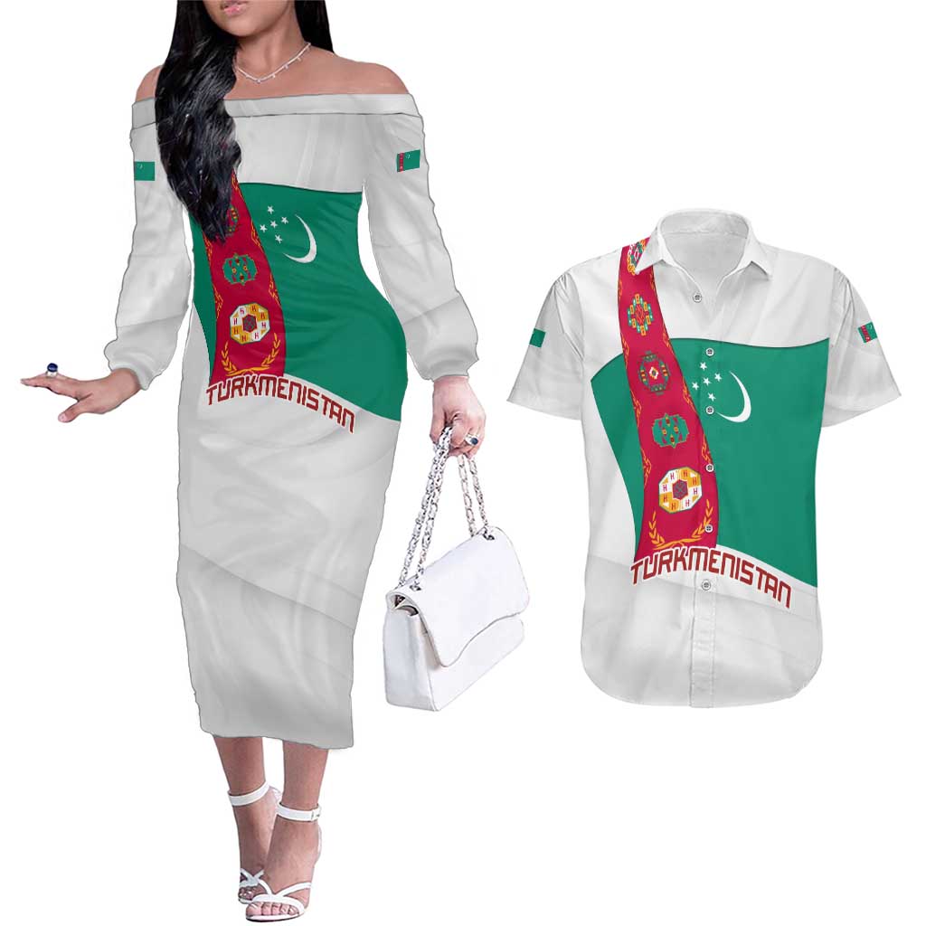 Turkmenistan Flag Couples Matching Off The Shoulder Long Sleeve Dress and Hawaiian Shirt with National Emblem and Carpet Stripe Design