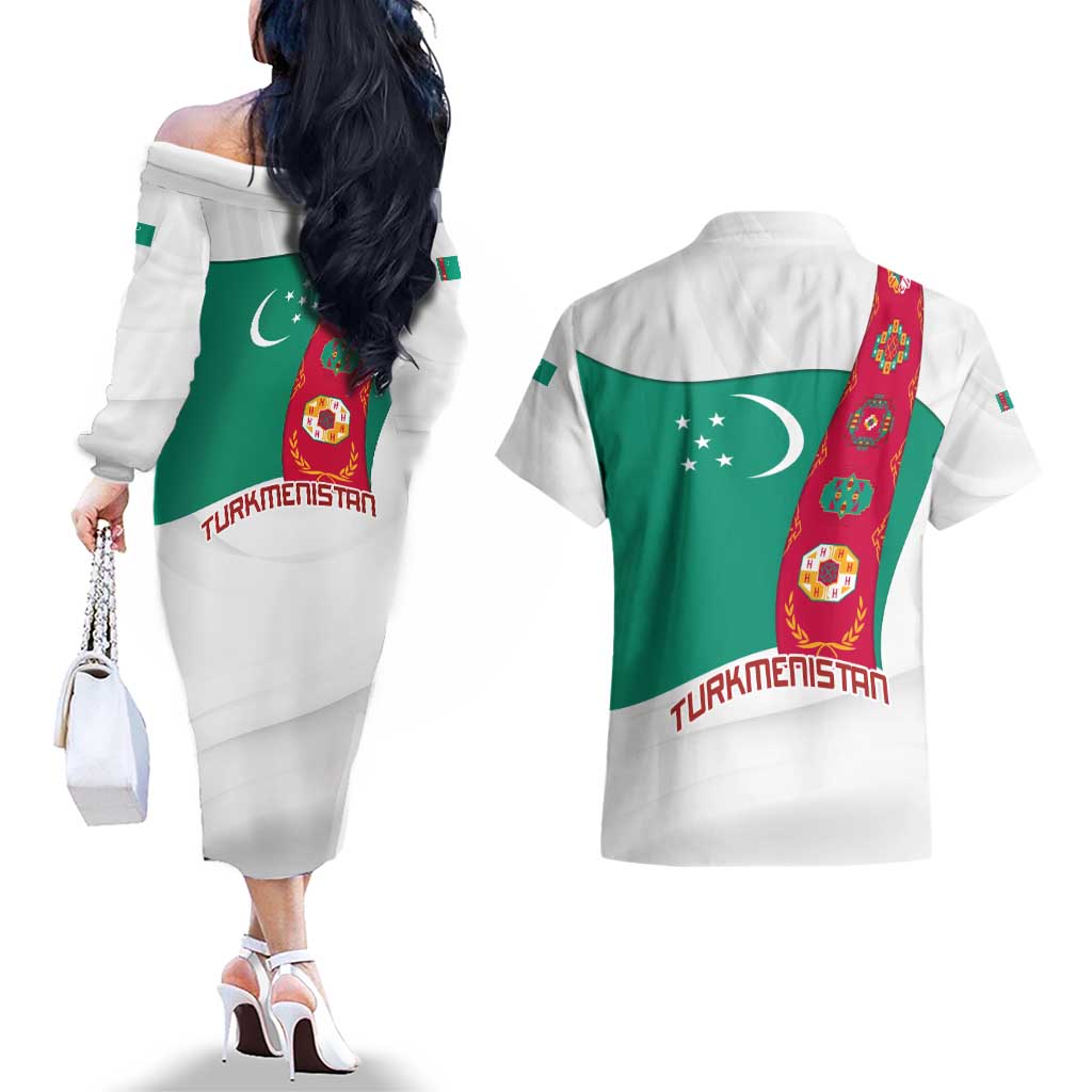 Turkmenistan Flag Couples Matching Off The Shoulder Long Sleeve Dress and Hawaiian Shirt with National Emblem and Carpet Stripe Design