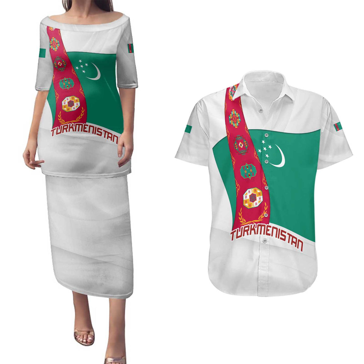 Turkmenistan Flag Couples Matching Puletasi and Hawaiian Shirt with National Emblem and Carpet Stripe Design