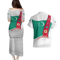 Turkmenistan Flag Couples Matching Puletasi and Hawaiian Shirt with National Emblem and Carpet Stripe Design