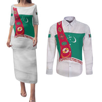 Turkmenistan Flag Couples Matching Puletasi and Long Sleeve Button Shirt with National Emblem and Carpet Stripe Design