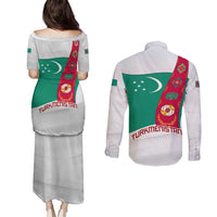 Turkmenistan Flag Couples Matching Puletasi and Long Sleeve Button Shirt with National Emblem and Carpet Stripe Design