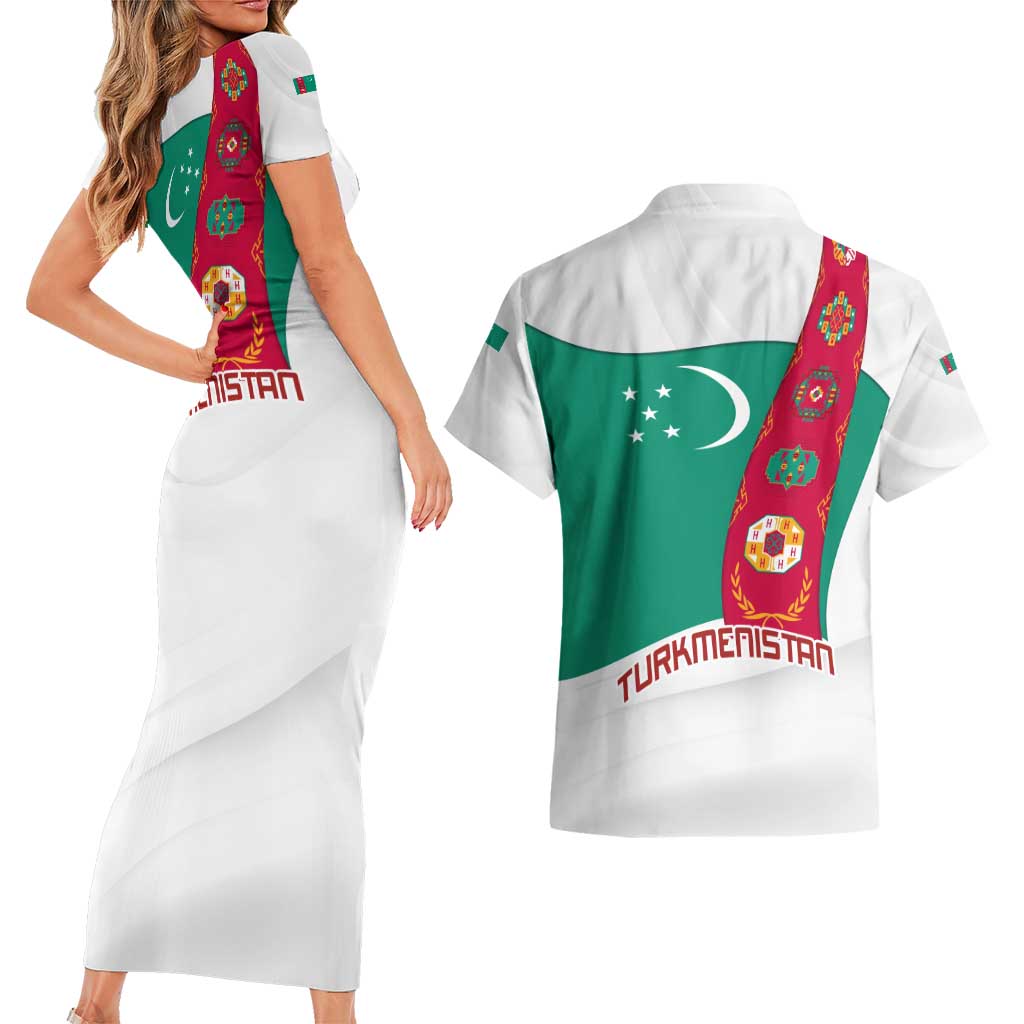 Turkmenistan Flag Couples Matching Short Sleeve Bodycon Dress and Hawaiian Shirt with National Emblem and Carpet Stripe Design