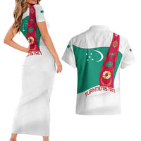 Turkmenistan Flag Couples Matching Short Sleeve Bodycon Dress and Hawaiian Shirt with National Emblem and Carpet Stripe Design