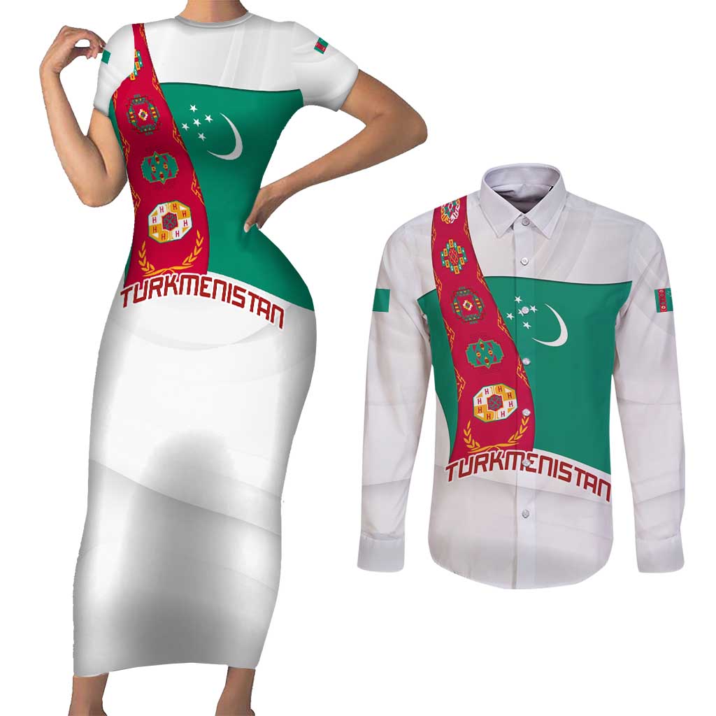 Turkmenistan Flag Couples Matching Short Sleeve Bodycon Dress and Long Sleeve Button Shirt with National Emblem and Carpet Stripe Design