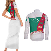 Turkmenistan Flag Couples Matching Short Sleeve Bodycon Dress and Long Sleeve Button Shirt with National Emblem and Carpet Stripe Design