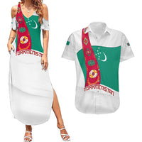 Turkmenistan Flag Couples Matching Summer Maxi Dress and Hawaiian Shirt with National Emblem and Carpet Stripe Design