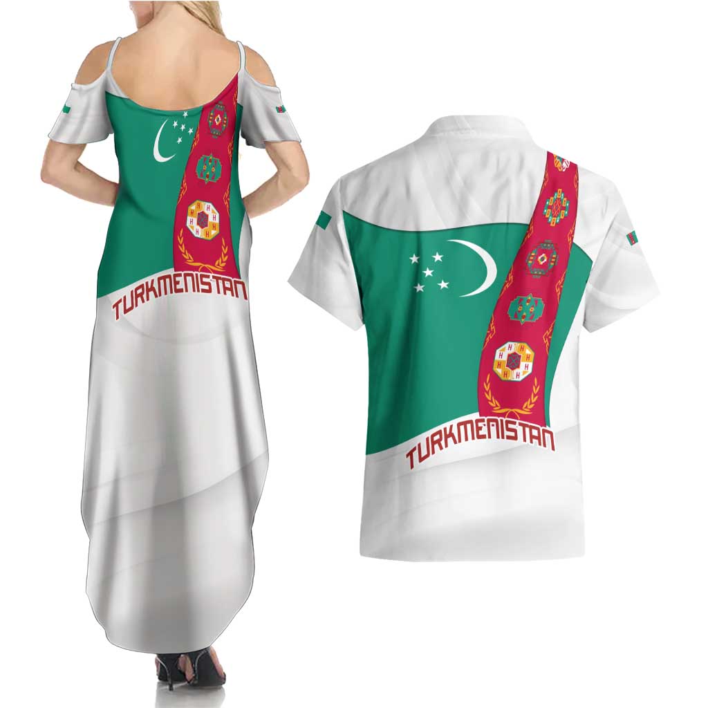 Turkmenistan Flag Couples Matching Summer Maxi Dress and Hawaiian Shirt with National Emblem and Carpet Stripe Design