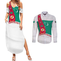 Turkmenistan Flag Couples Matching Summer Maxi Dress and Long Sleeve Button Shirt with National Emblem and Carpet Stripe Design