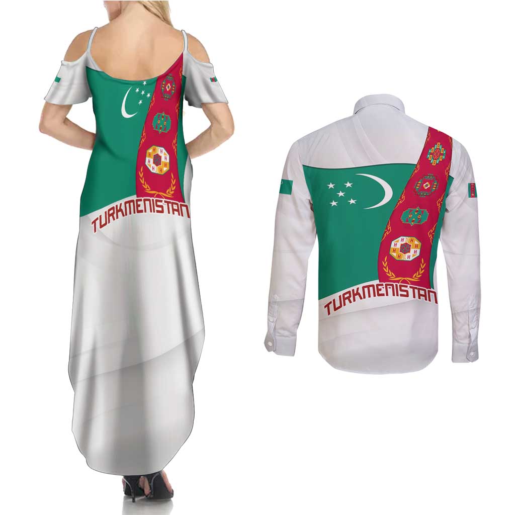 Turkmenistan Flag Couples Matching Summer Maxi Dress and Long Sleeve Button Shirt with National Emblem and Carpet Stripe Design