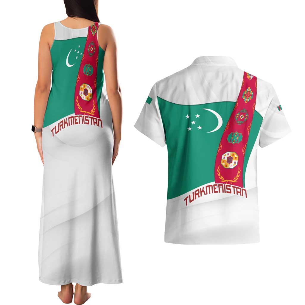 Turkmenistan Flag Couples Matching Tank Maxi Dress and Hawaiian Shirt with National Emblem and Carpet Stripe Design