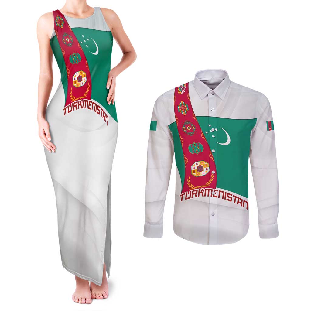 Turkmenistan Flag Couples Matching Tank Maxi Dress and Long Sleeve Button Shirt with National Emblem and Carpet Stripe Design