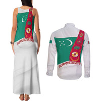 Turkmenistan Flag Couples Matching Tank Maxi Dress and Long Sleeve Button Shirt with National Emblem and Carpet Stripe Design