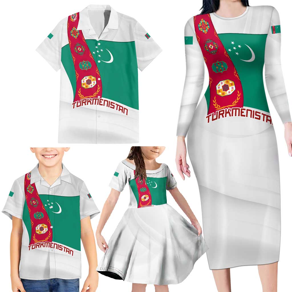 Turkmenistan Flag Family Matching Long Sleeve Bodycon Dress and Hawaiian Shirt with National Emblem and Carpet Stripe Design